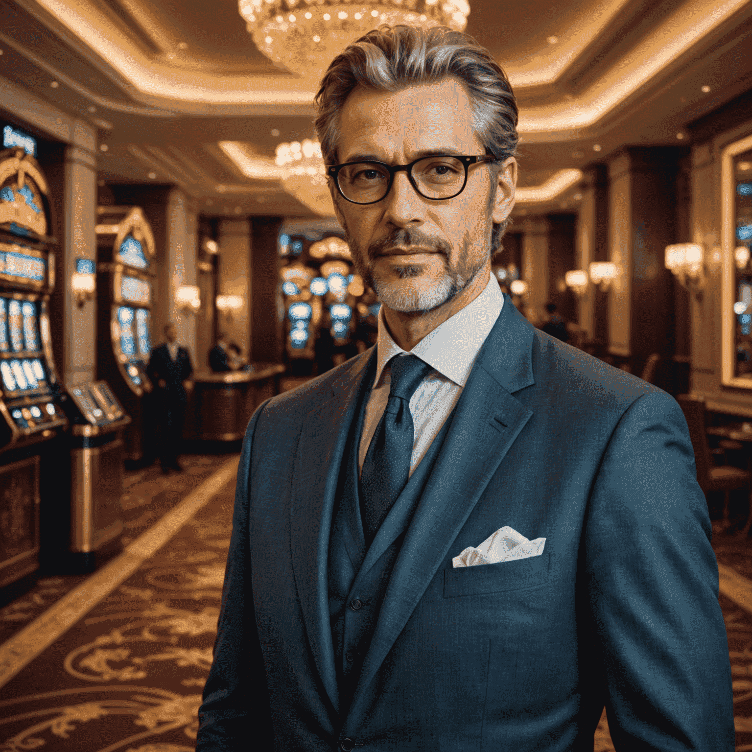 Porträt von Maximilian Schneider, einem eleganten Mann in seinen 40ern mit grau meliertem Haar und einer Brille, der einen maßgeschneiderten Anzug trägt. Er steht vor dem Eingang eines luxuriösen Casino-Hotels.