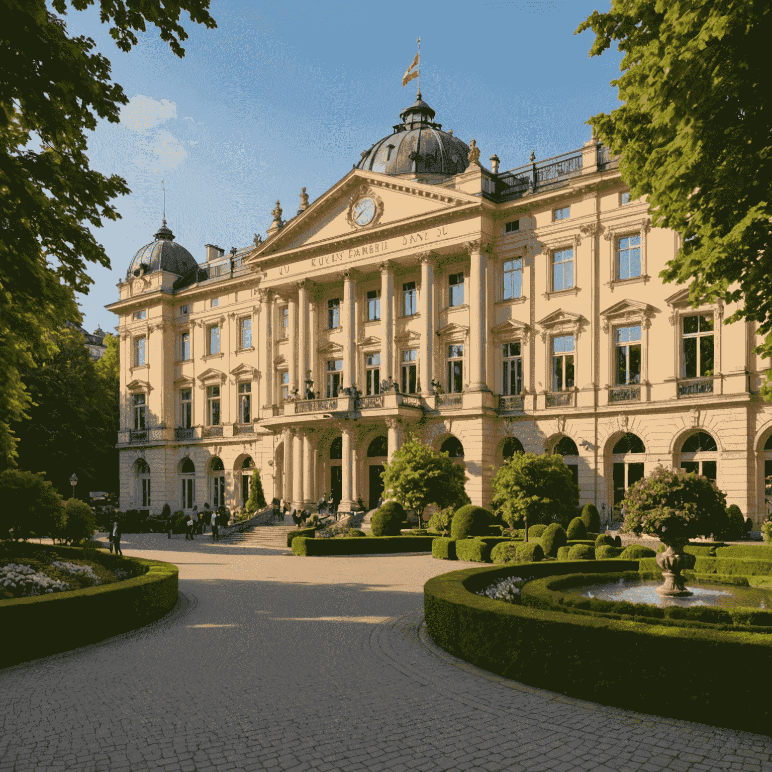 Luxuriöse Fassade des Kurhauses in Baden-Baden, umgeben von gepflegten Gärten und eleganten Gästen in Abendgarderobe