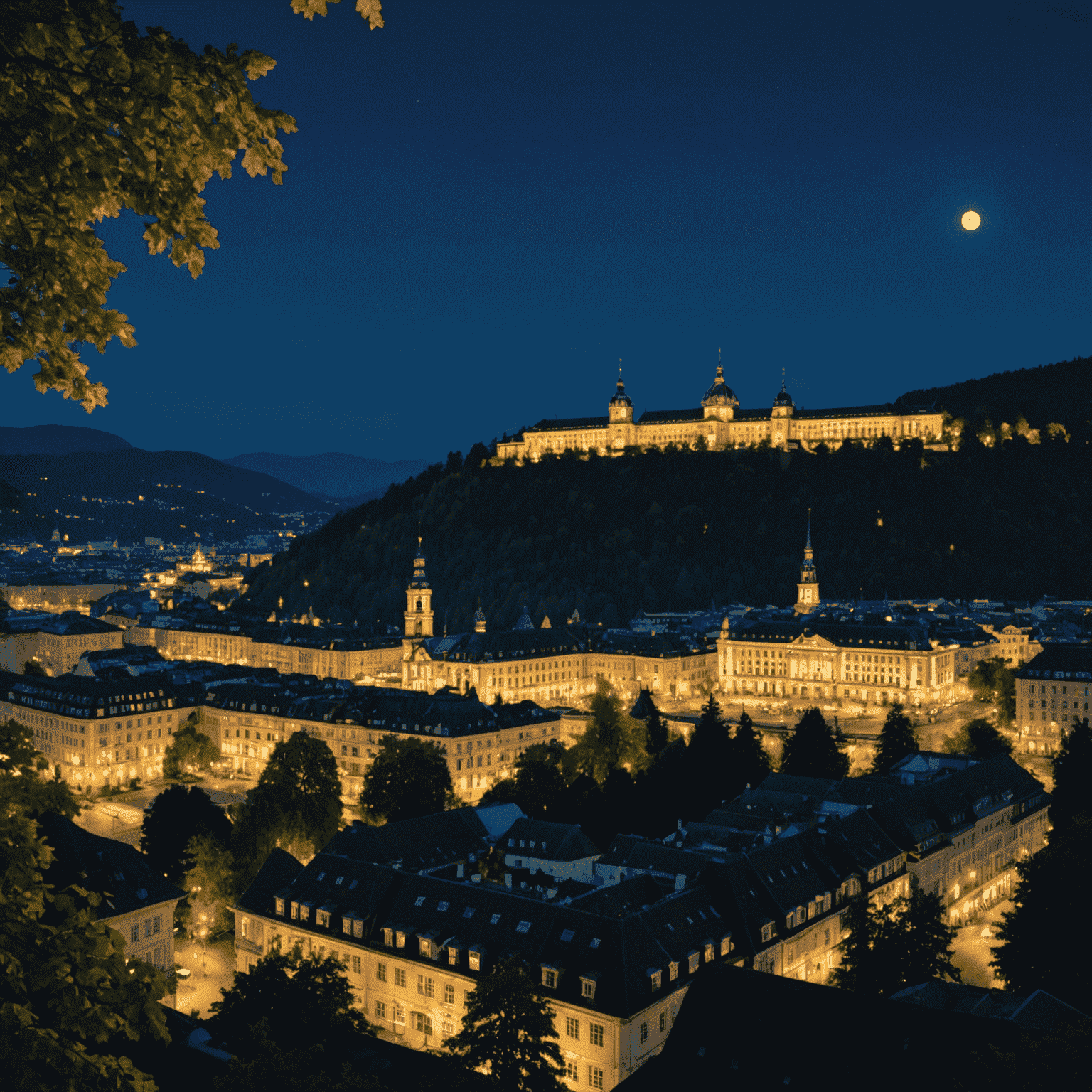 Panoramablick auf Baden-Baden bei Nacht, mit beleuchteten historischen Gebäuden und dem Kurhaus im Vordergrund, umgeben von üppigen Schwarzwaldbergen