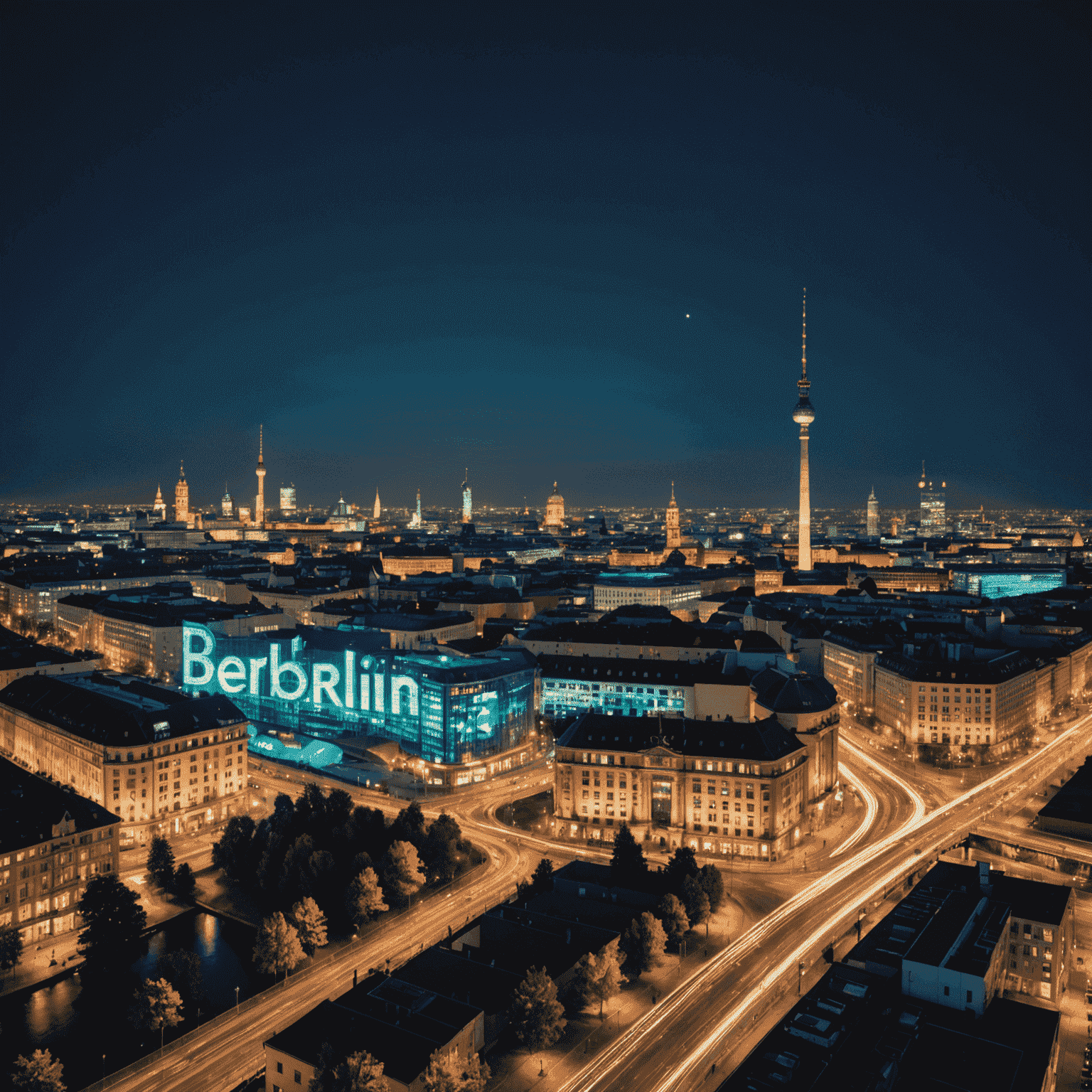 Panoramablick auf die Berliner Skyline bei Nacht, mit leuchtenden Casinoschildern, die in der Ferne glitzern