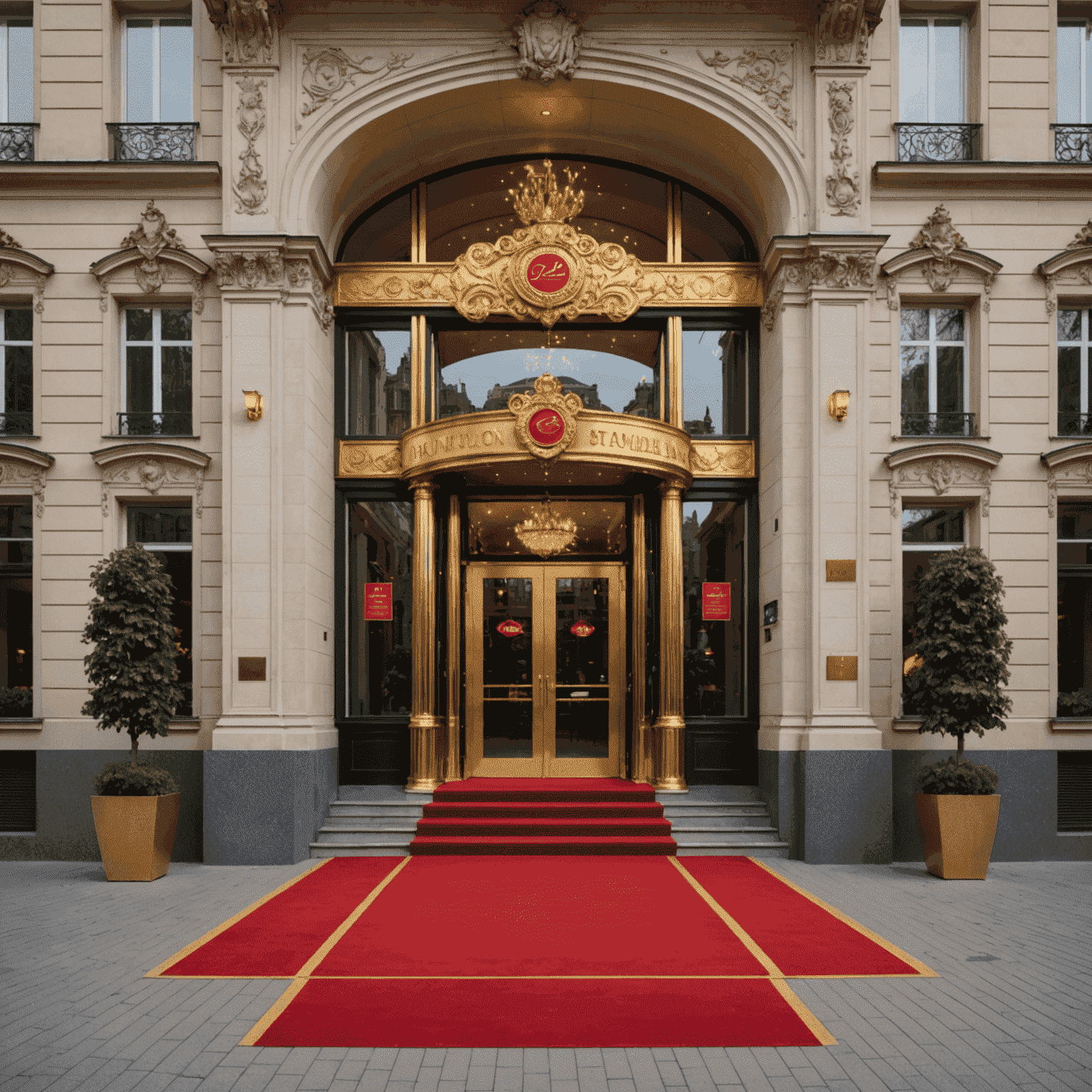 Luxuriöses Casino-Hotel in Wiesbaden mit eleganter Fassade, goldenen Lichtern und einem roten Teppich vor dem Eingang