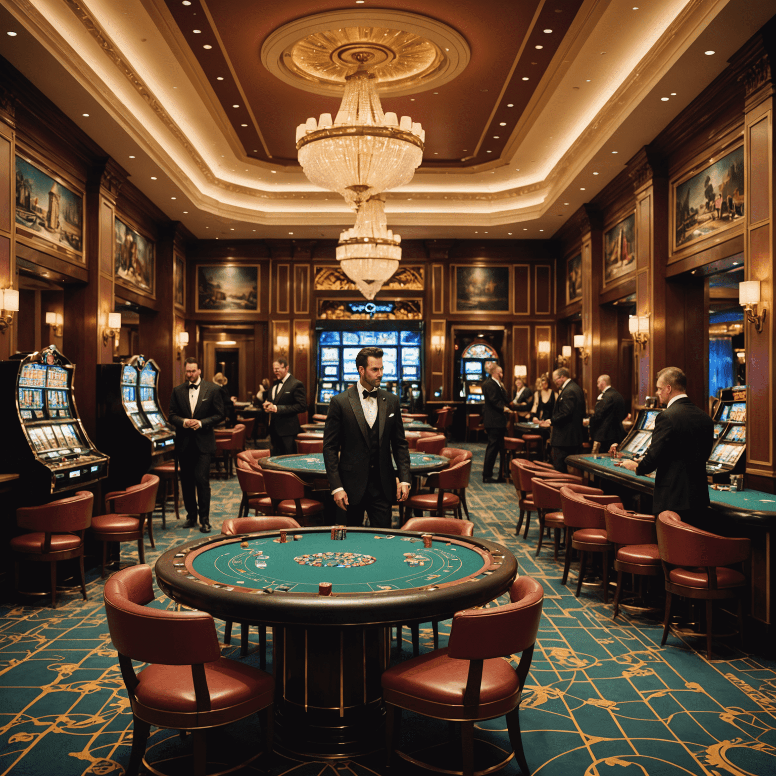 Elegantes Casino-Hotel-Interieur mit Spieltischen und gut gekleideten Gästen