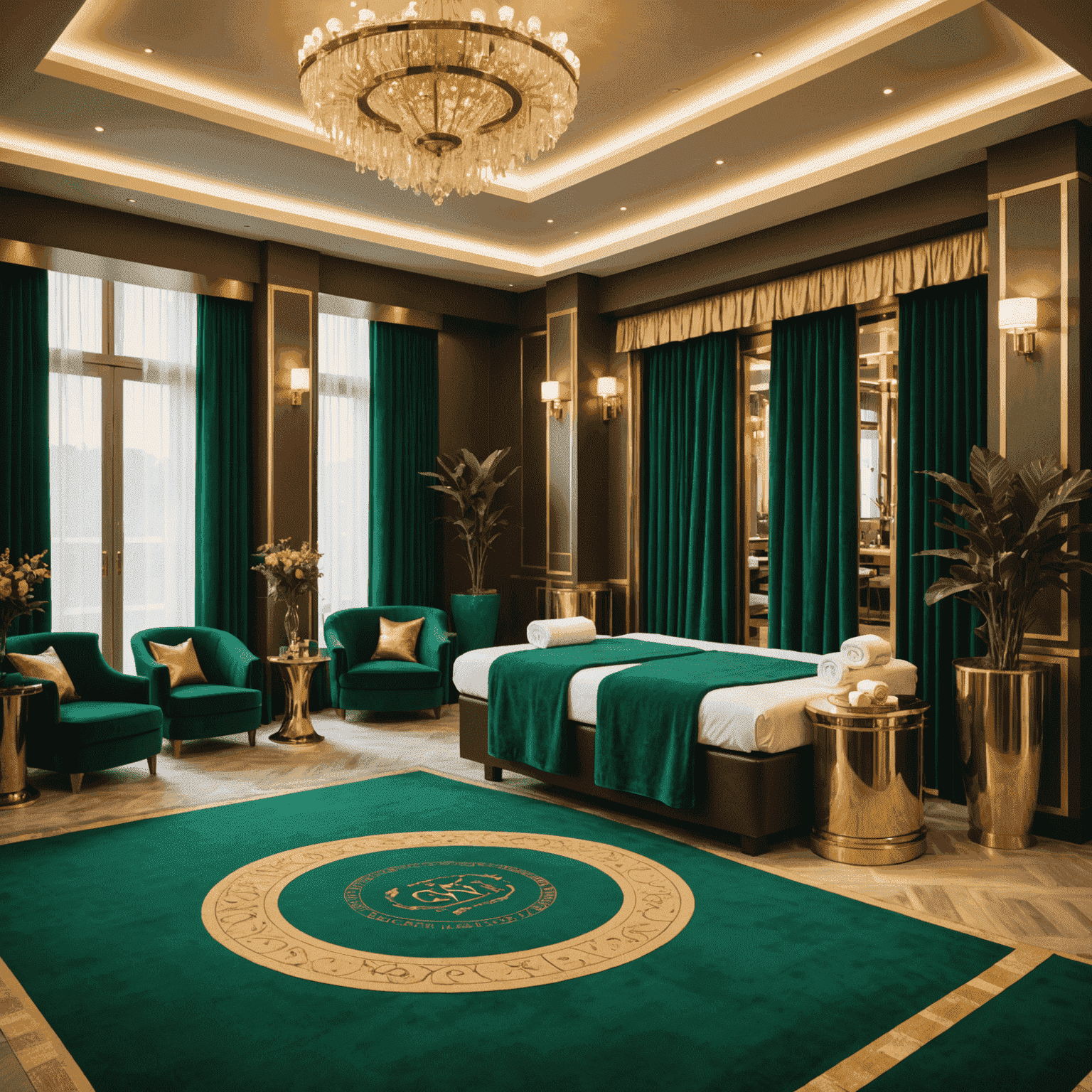 Luxuriöses Spa-Bereich eines deutschen Casino-Hotels mit goldenen Akzenten und smaragdgrünen Handtüchern