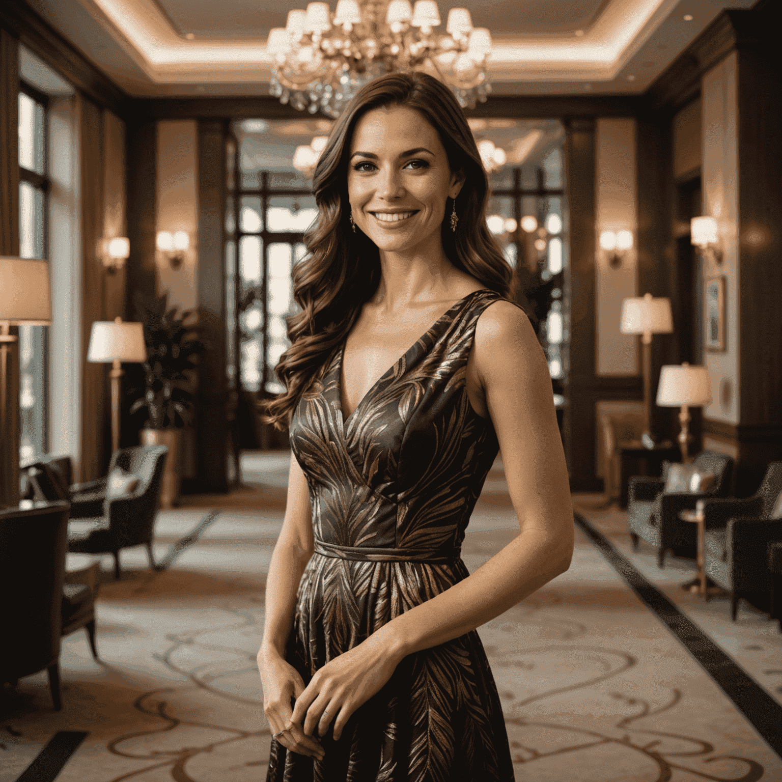 Porträt von Sophie Weber, einer eleganten Frau Anfang 30 mit langen braunen Haaren und einem strahlenden Lächeln. Sie trägt ein schickes Cocktailkleid und steht in einem luxuriösen Hotellobby.