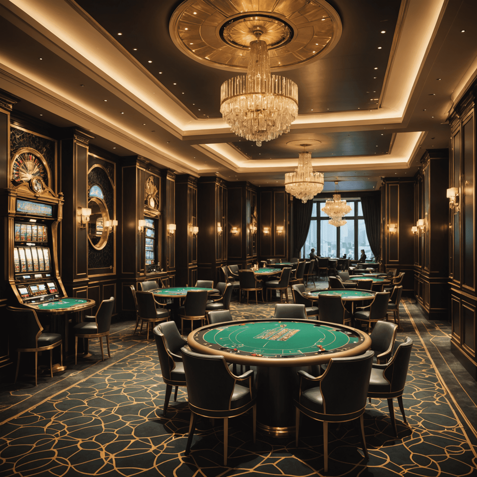Exklusive Innenansicht eines versteckten Berliner Casinos mit modernem Design, Spieltischen und eleganten Gästen