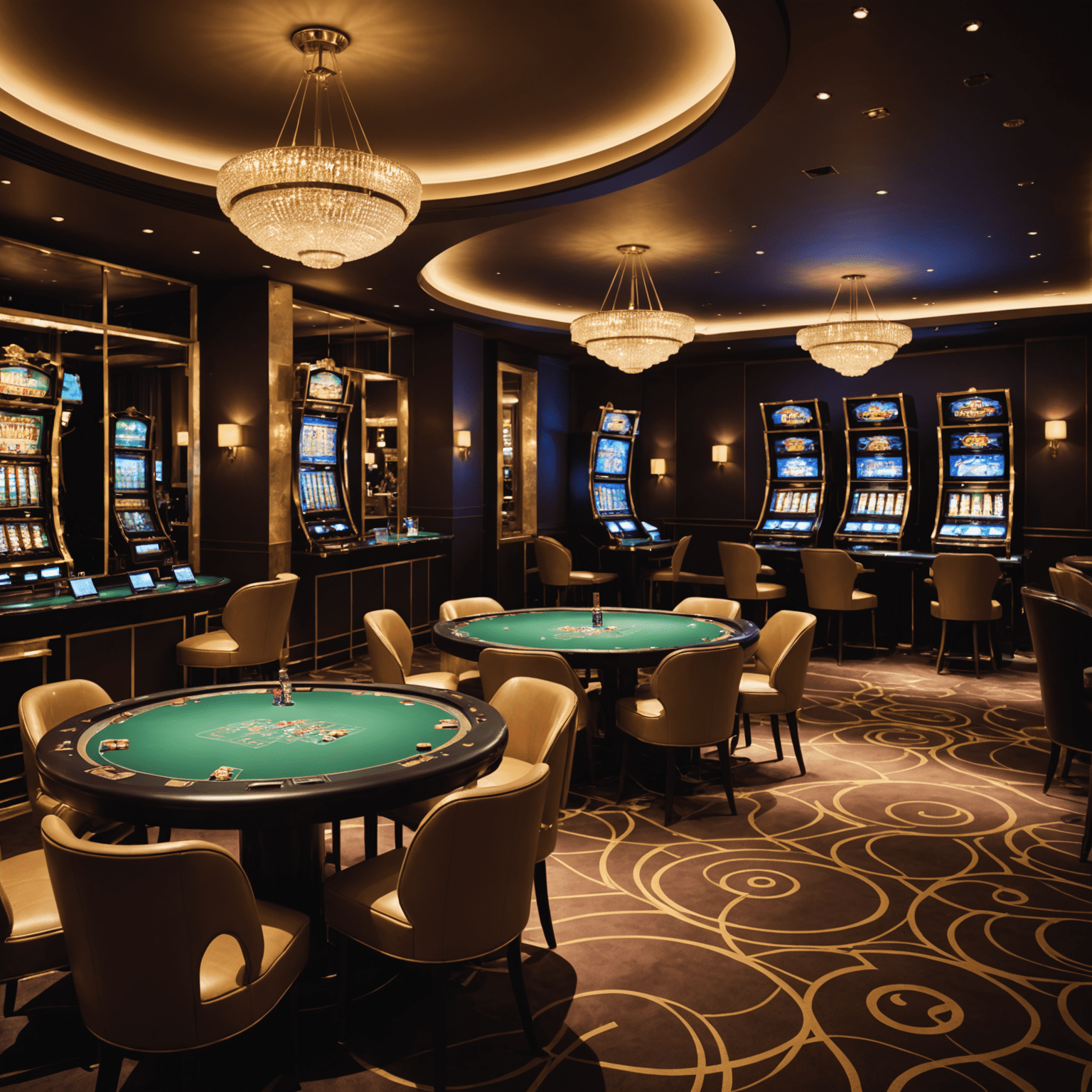 Moderne Casino-Lounge in Berlin mit stimmungsvoller Beleuchtung und Spieltischen