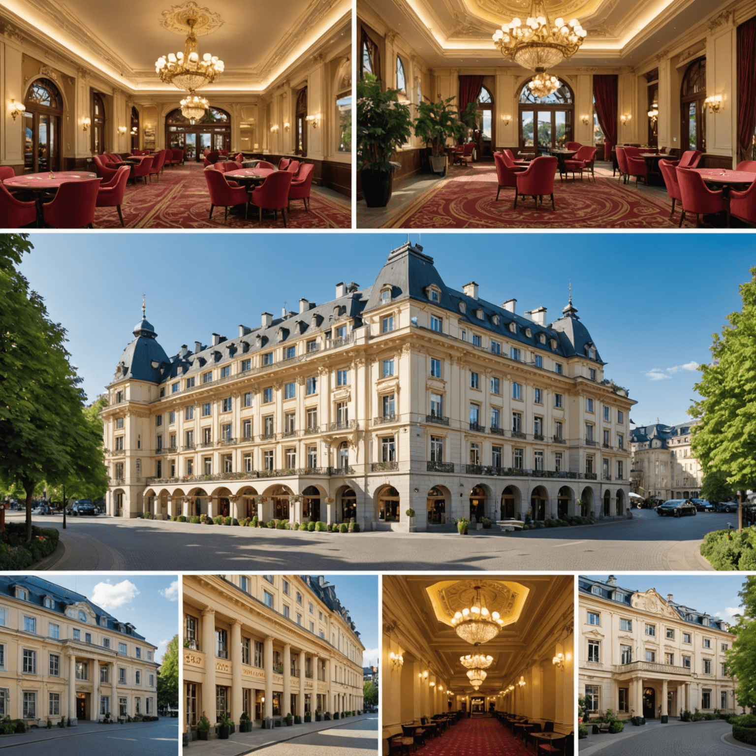 Collage der fünf vorgestellten Casino-Hotels in Baden-Baden, die ihre einzigartigen Fassaden, luxuriösen Lobbys und eleganten Casinobereiche zeigt