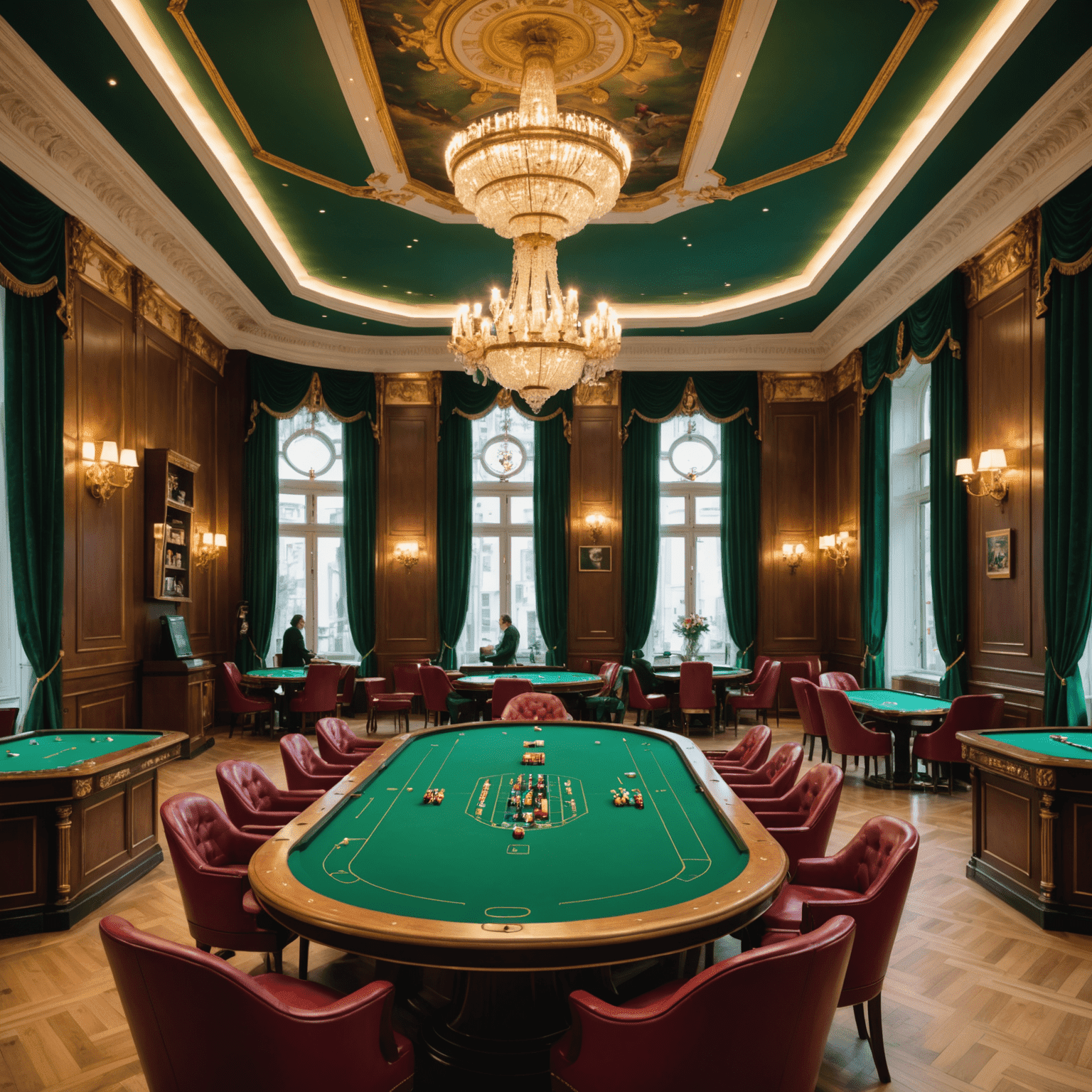 Eleganter Spielsaal des Spielbank Berlin mit Kronleuchtern, grünen Spieltischen und gut gekleideten Gästen