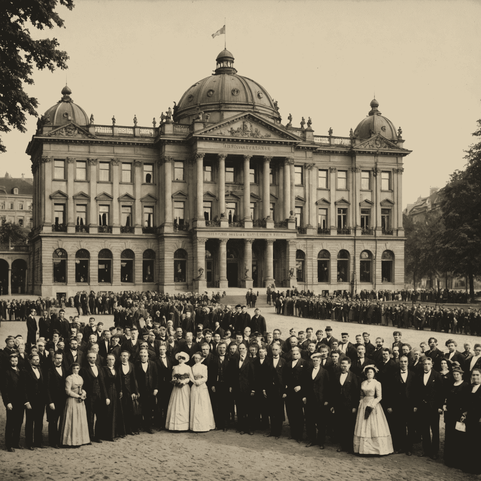 Historische Aufnahme des Kurhauses Wiesbaden im 19. Jahrhundert, umgeben von eleganten Gästen in Abendgarderobe