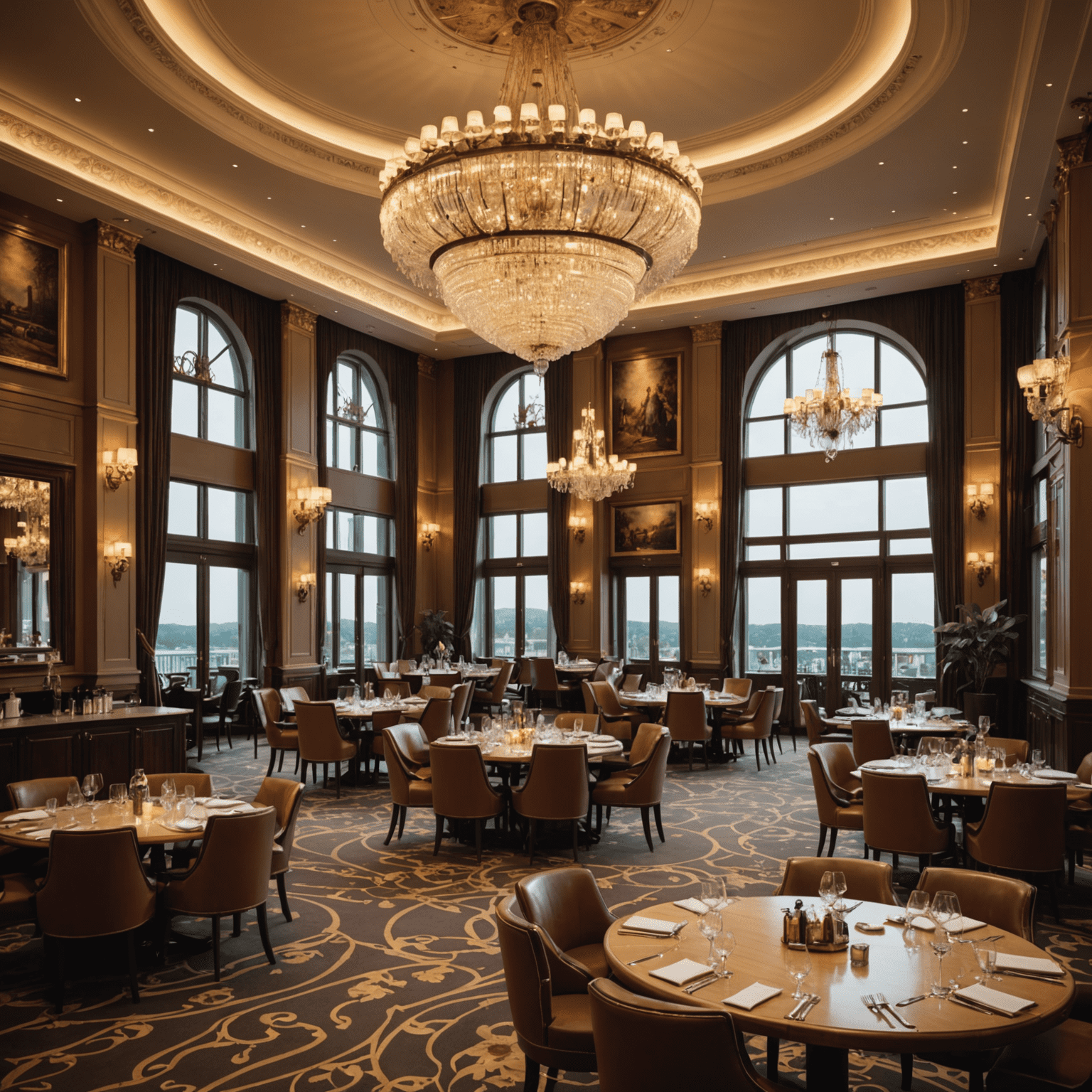 Elegantes Restaurant in einem deutschen Casino-Hotel mit Kronleuchtern, gedeckten Tischen und Blick auf die Spielsäle