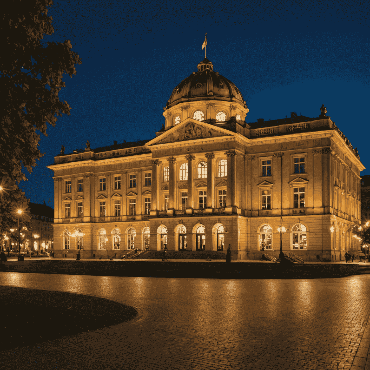 Prachtvolle Außenansicht des historischen Kurhauses in Wiesbaden bei Nacht, beleuchtet und umgeben von eleganten Gästen