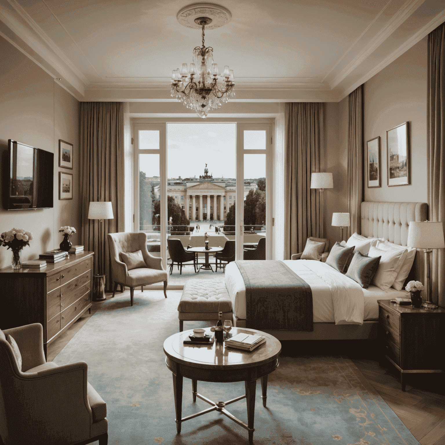 Luxuriöses Hotelzimmer mit Blick auf das Brandenburger Tor, mit elegantem Interieur und einem Spieltisch in der Ecke