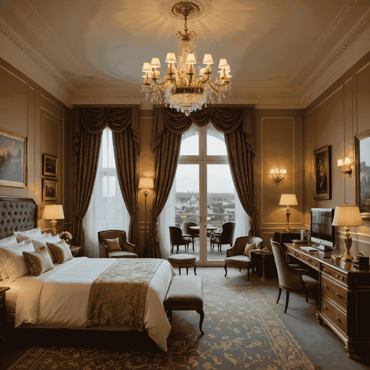 Luxuriöses Hotelzimmer mit Blick auf das Casino Wiesbaden, goldene Akzente, Kronleuchter und ein King-Size-Bett mit Seidenbettwäsche