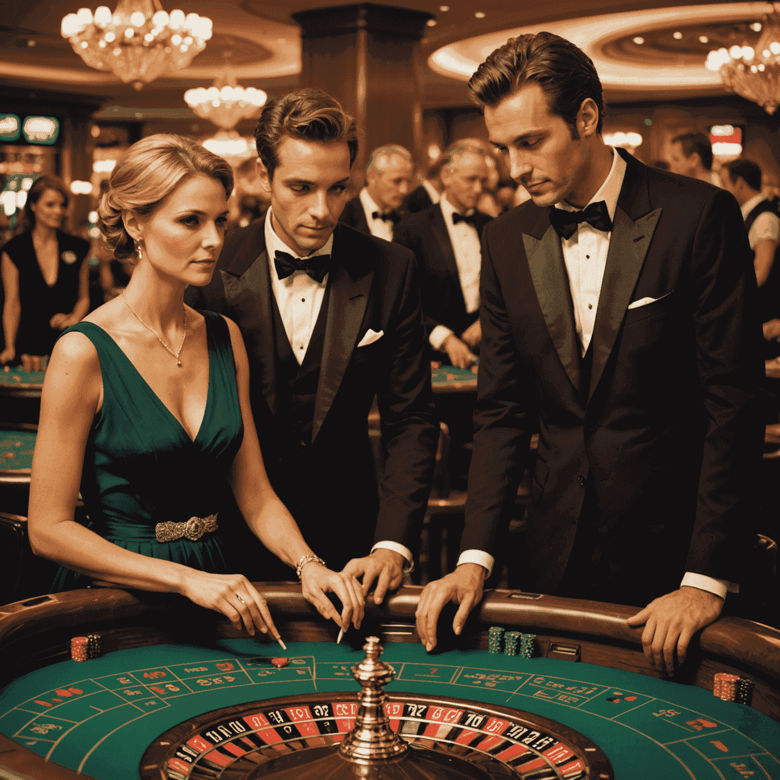 Elegante Gäste in Abendgarderobe an einem Roulette-Tisch in einem deutschen Casino