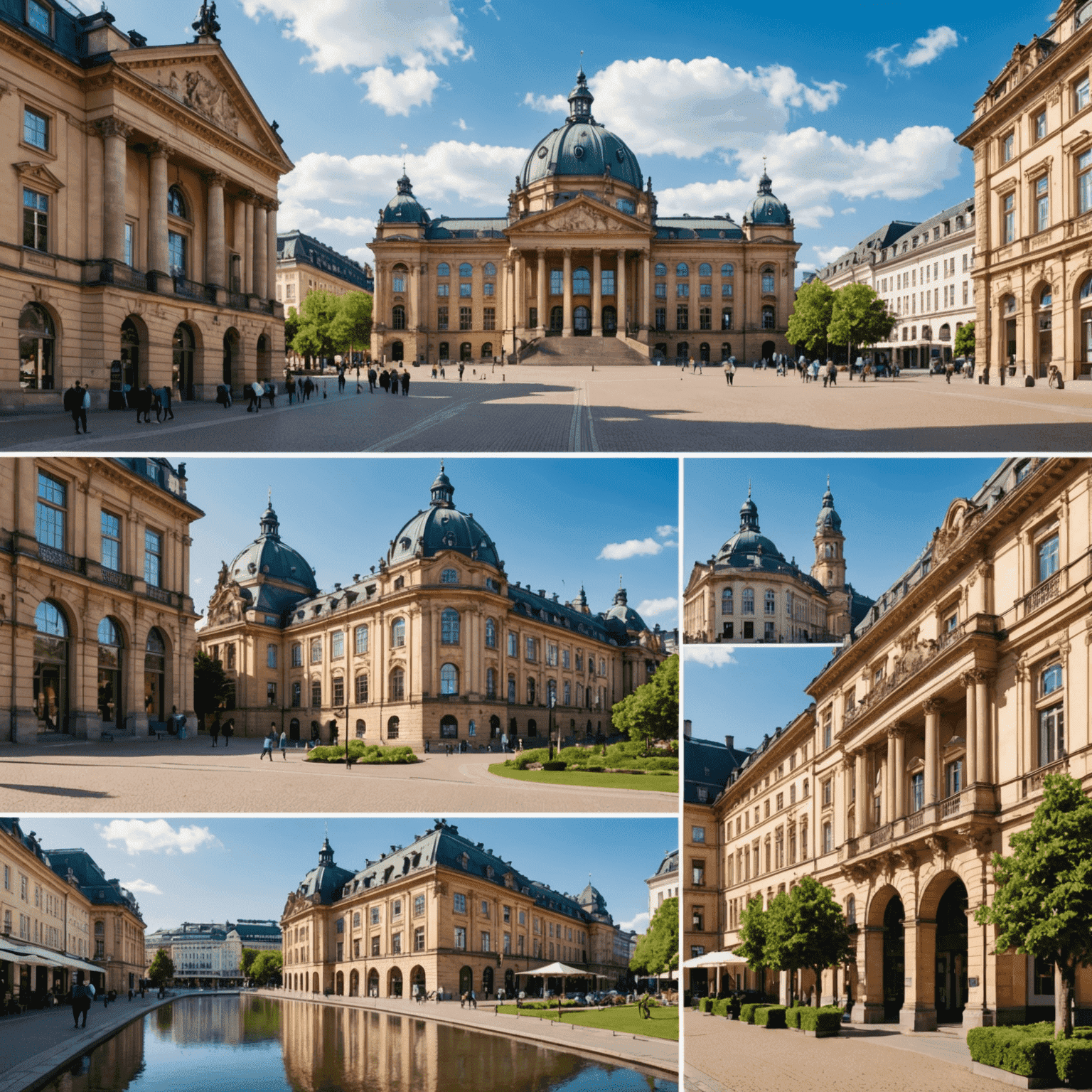 Collage von Wiesbadener Sehenswürdigkeiten: Kurhaus, Thermalbad, Stadtschloss und eine elegante Einkaufsstraße