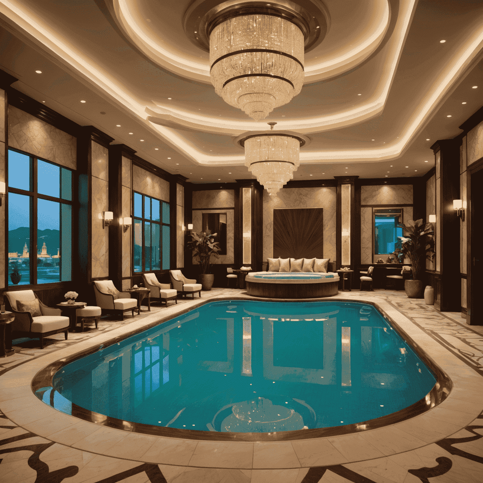 Luxuriöser Spa-Bereich eines Casino-Hotels mit Pool und Entspannungsliegen